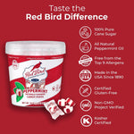 Close up look at the melt away texture of a single Red Bird peppermint puff candy.