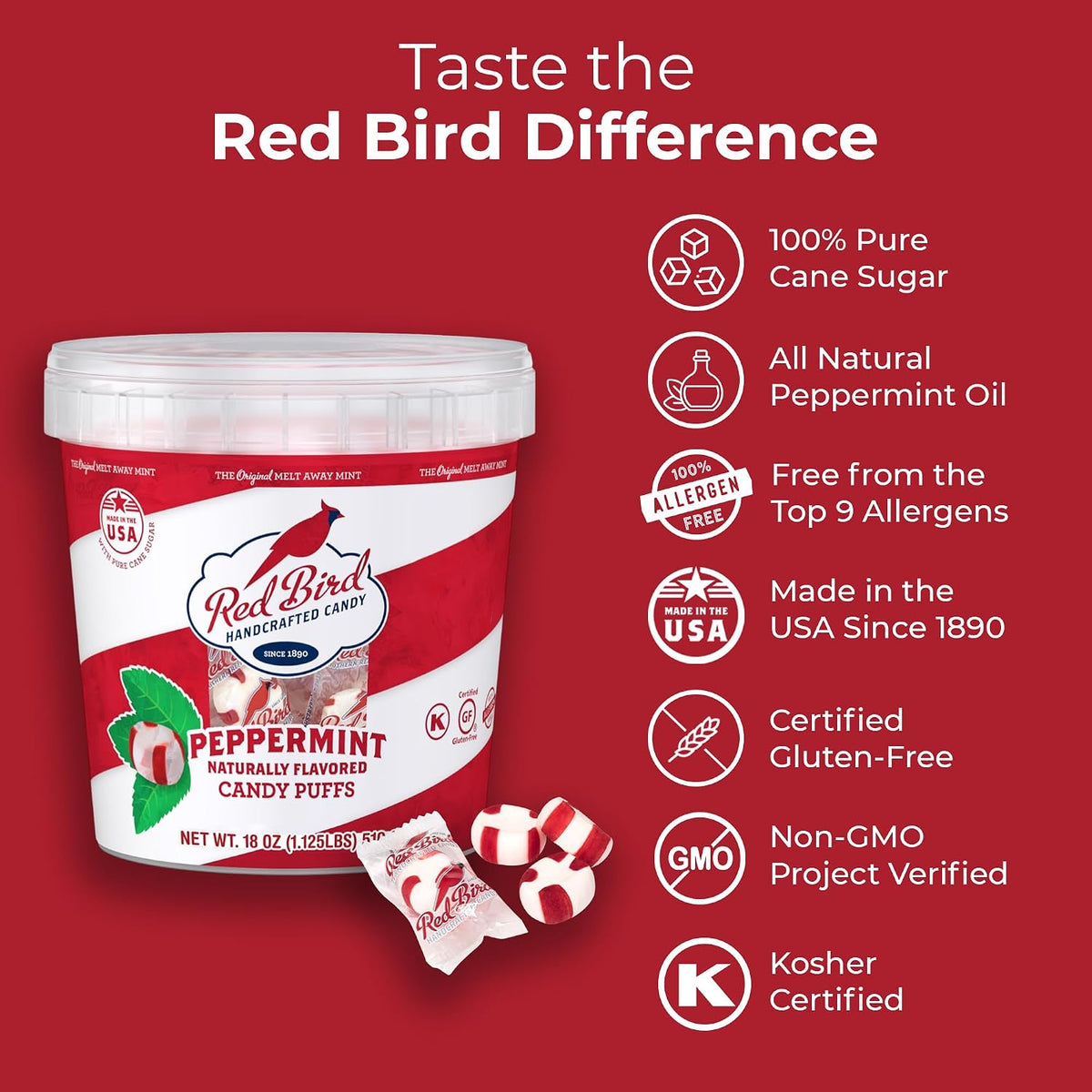 Close up look at the melt away texture of a single Red Bird peppermint puff candy.
