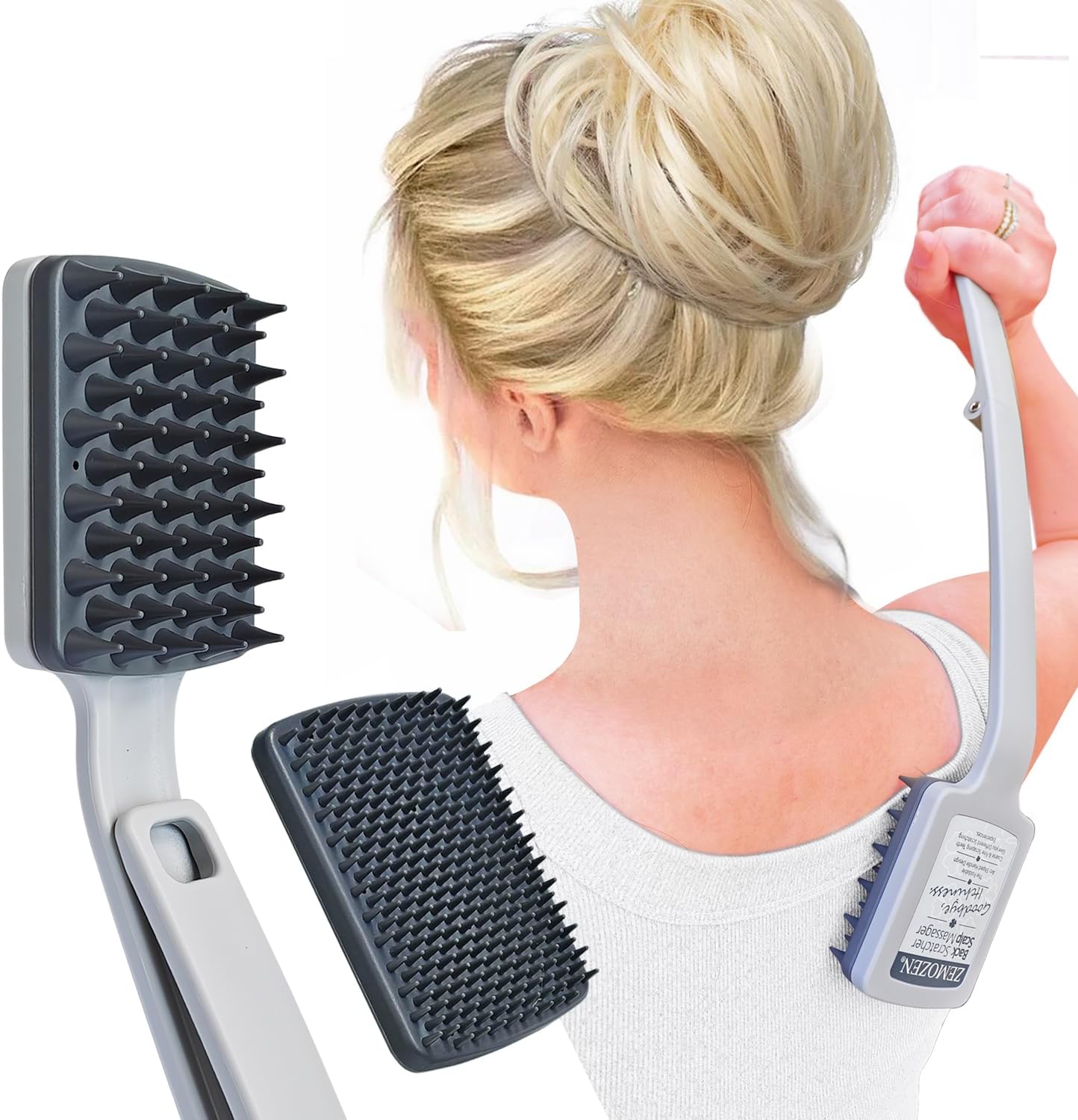 Zemozen Folding Back Scratcher front view showing grey curved handle and replaceable massaging head