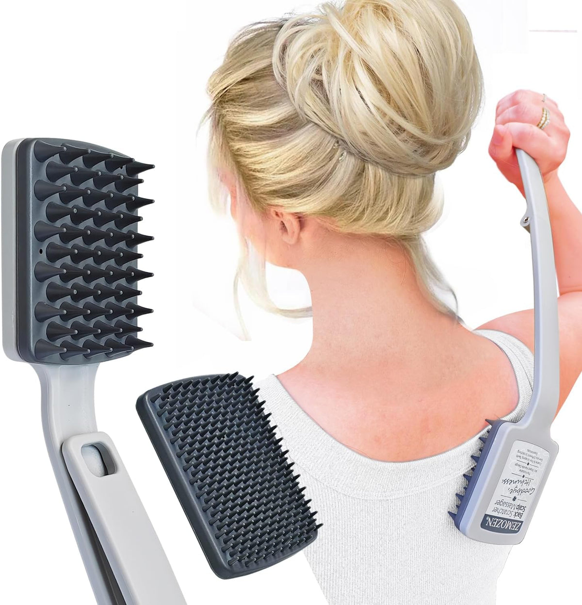 Zemozen Folding Back Scratcher front view showing grey curved handle and replaceable massaging head