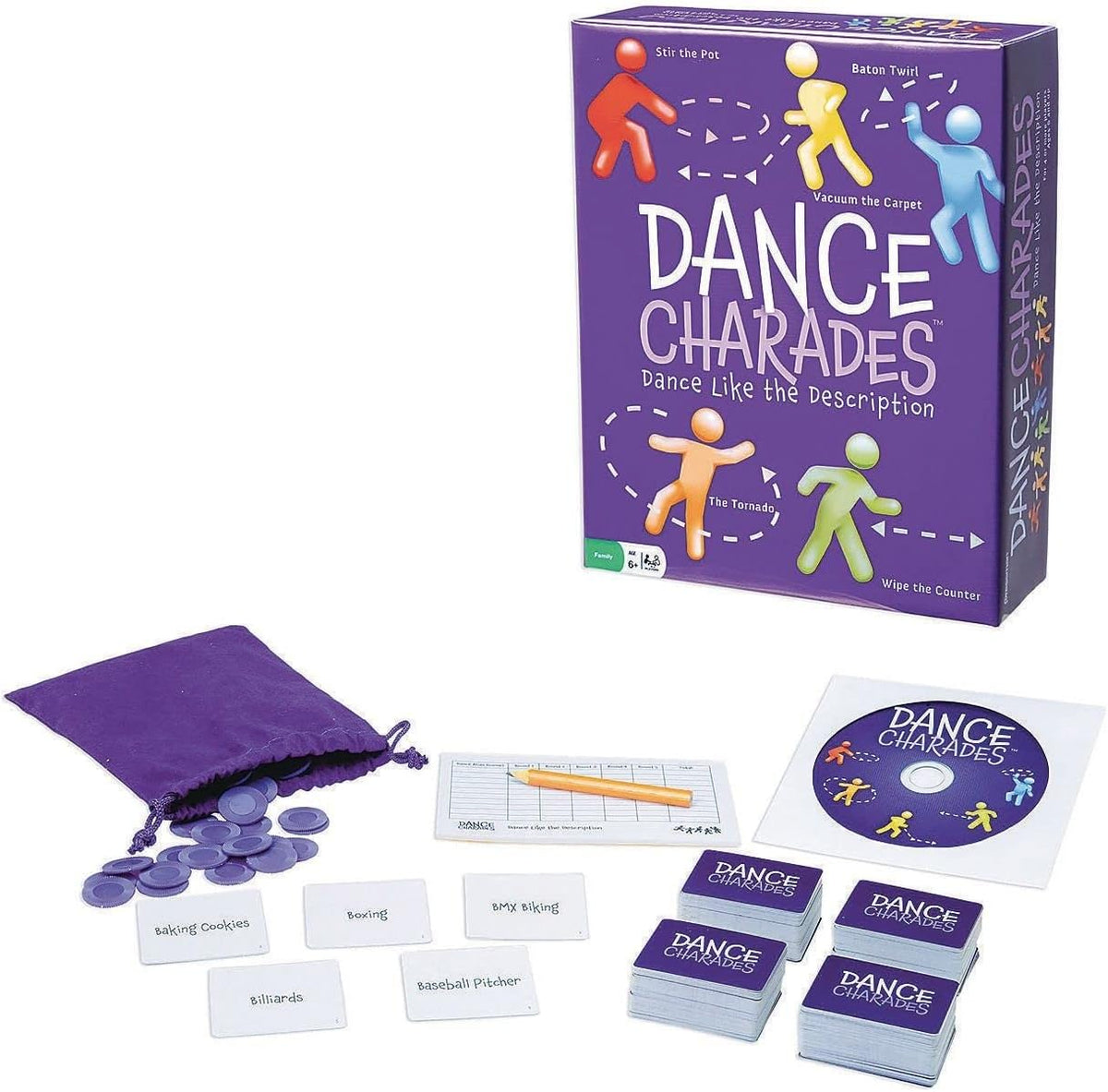 Pressman Dance Charades Game components and purple tokens