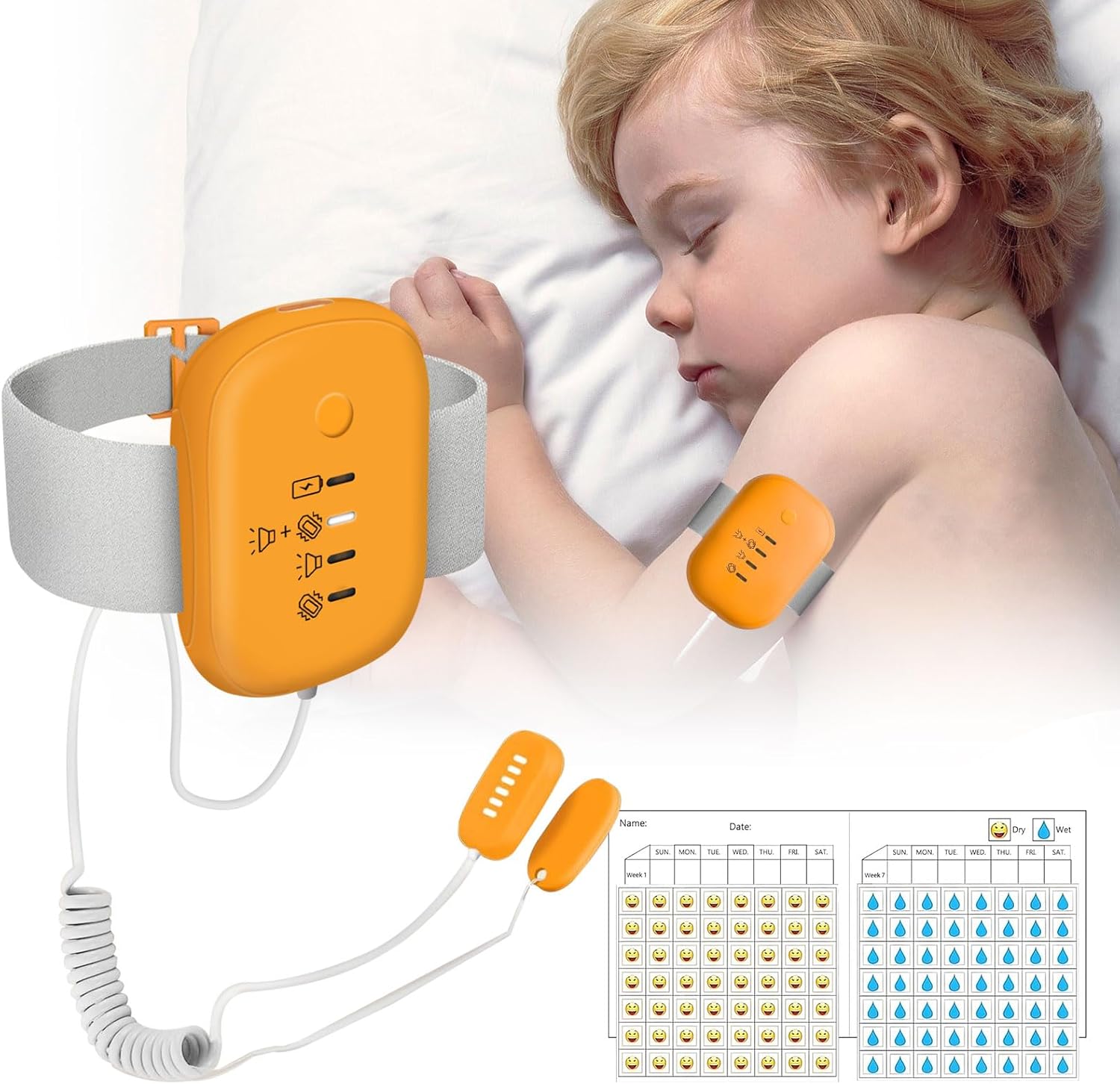 Bed Wetting Alarm for Boys and Girls - USB Rechargeable with Loud Sound & Vibration, 3 Reminder Modes, High Sensitivity Sensors, Long Standby Time Over 120 Hours (Orange) - Image 1