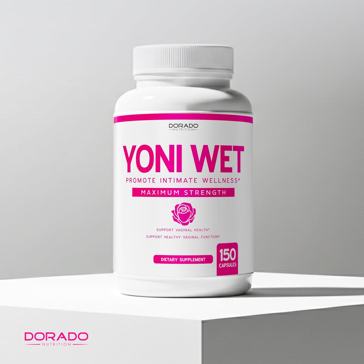 Close up of 150 capsule count bottle for vaginal health