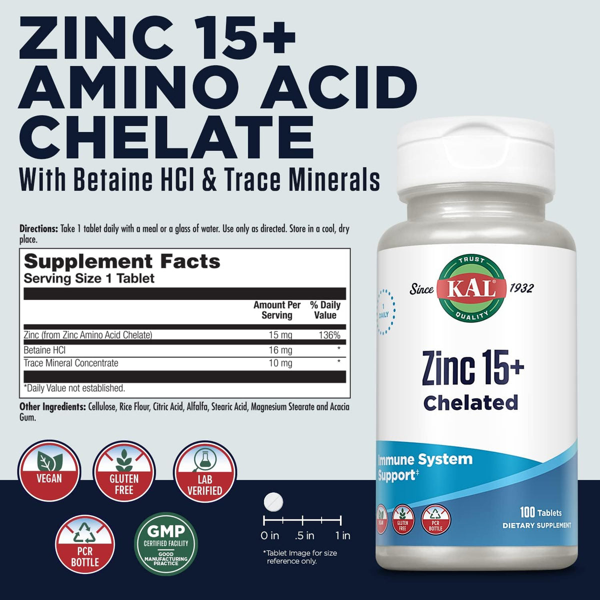Kal Zinc 15mg 100 tablets supplement facts panel