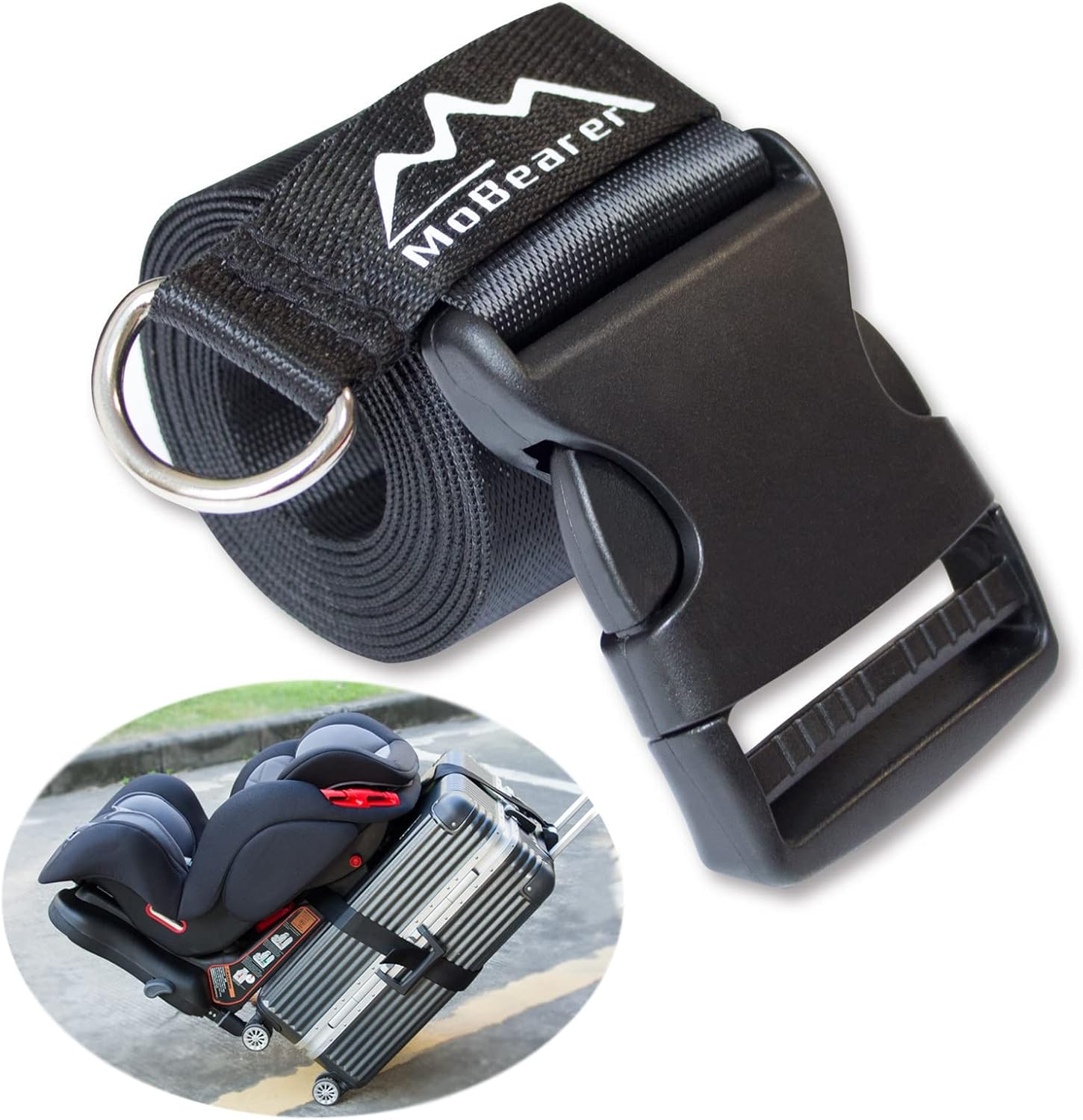 MoBearer car seat travel belt attached to suitcase front view