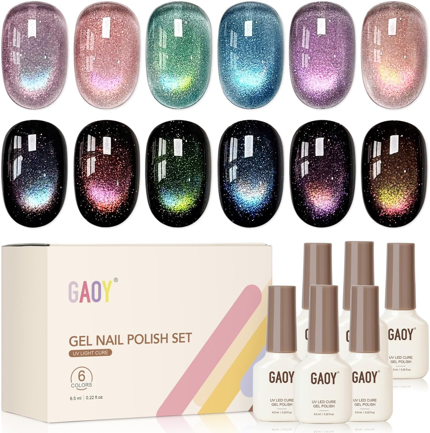 GAOY Rainbow Cat Eye Gel Nail Polish Kit with Magnet, 6 Colors Glitter Holographic Nail Polish Set, UV Cure Gel for DIY Manicure at Home - Image 1