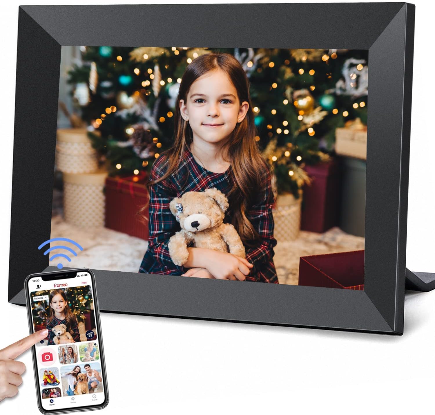 YunQiDeer 10.1 Inch WiFi Digital Picture Frame front view showcasing vibrant family holiday photo on high definition screen.