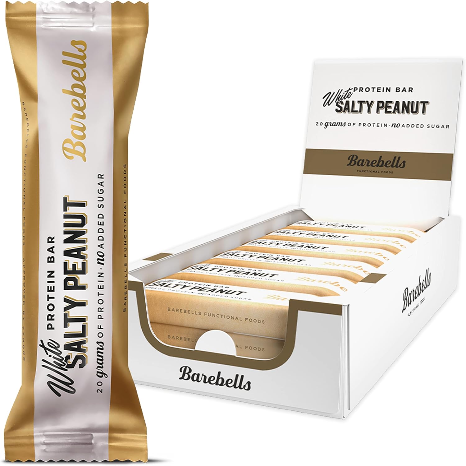 Barebells White Salty Peanut protein bar box front view showcase