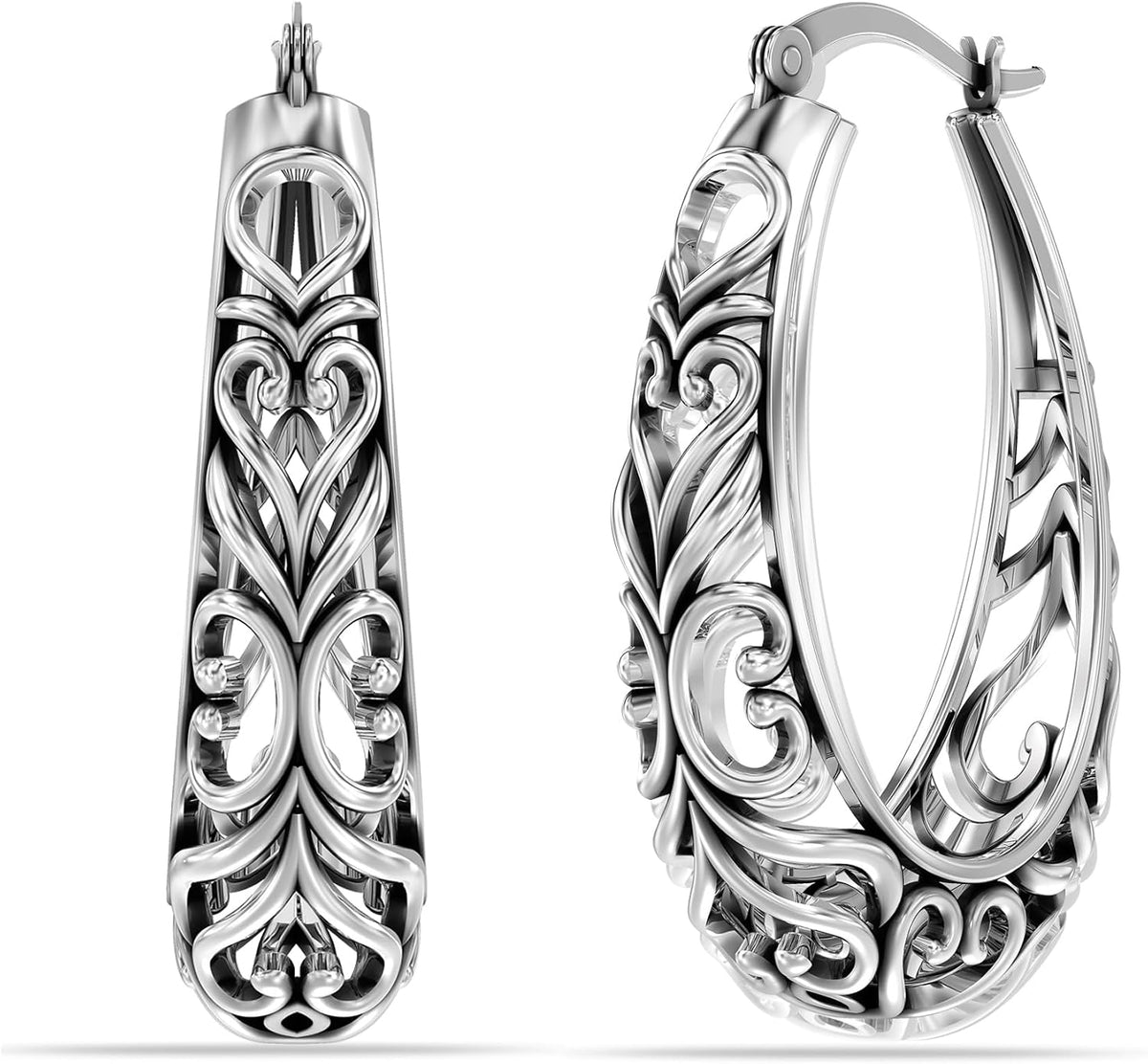 LeCalla 925 sterling silver filigree hoop earrings front view jewelry
