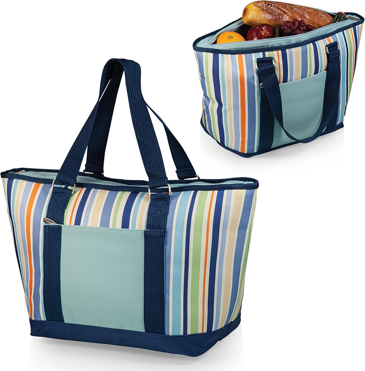 St Tropez striped pattern picnic bag carrying straps