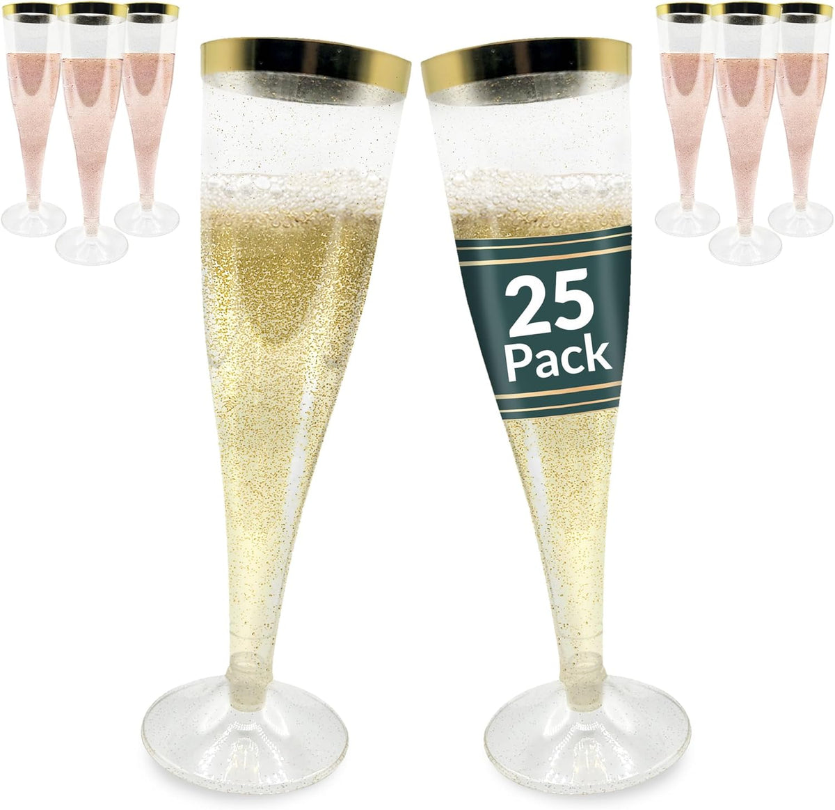 Reli. Plastic Champagne Flutes 25 pack front view gold rim party glassware
