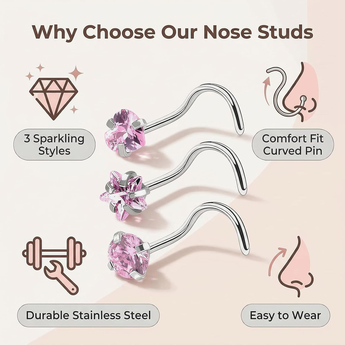 Upstore stainless steel round heart star nose jewelry