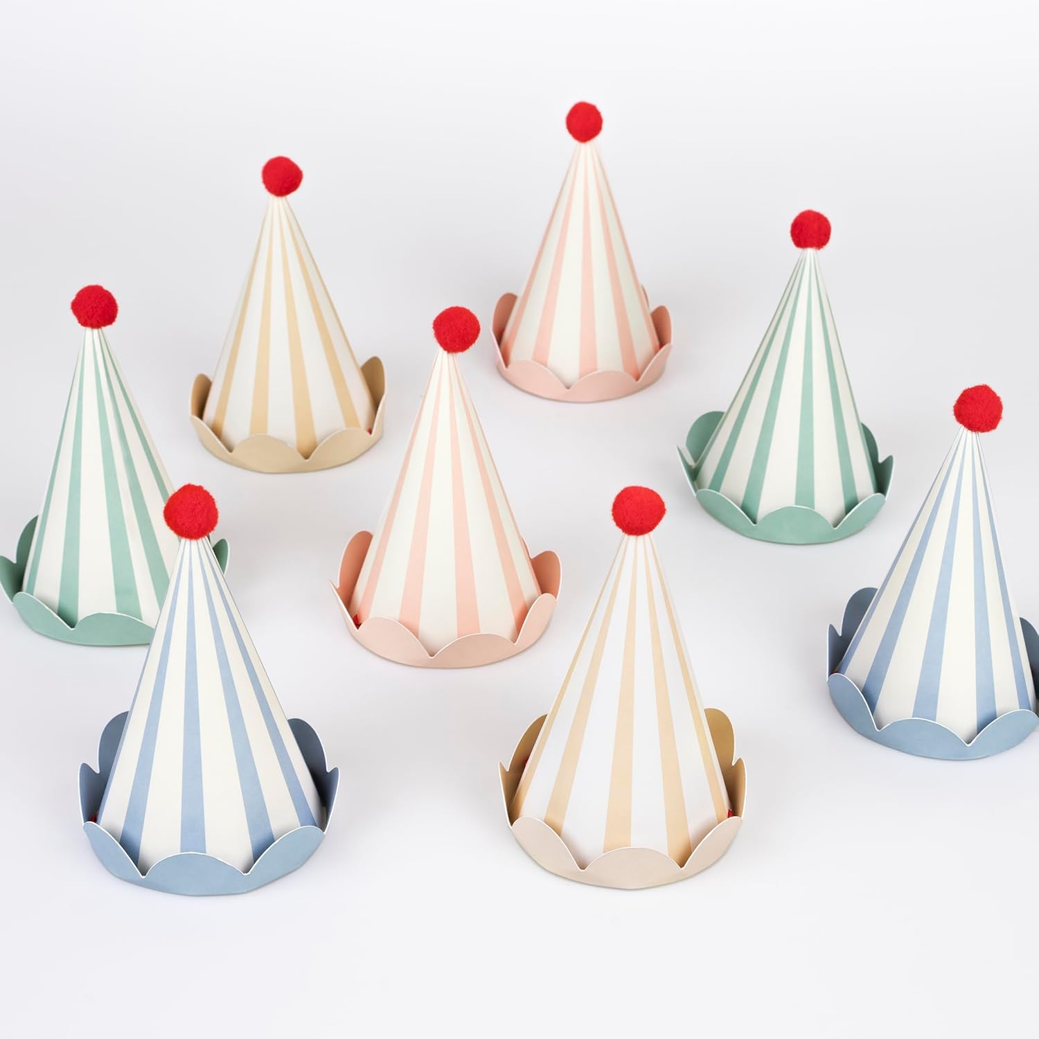 Meri Meri Birthday Party Hats pack of eight premium stripe pastel design front view