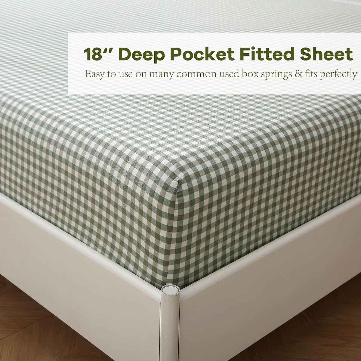 K Masaniji green and white plaid bedding set styled on twin bed