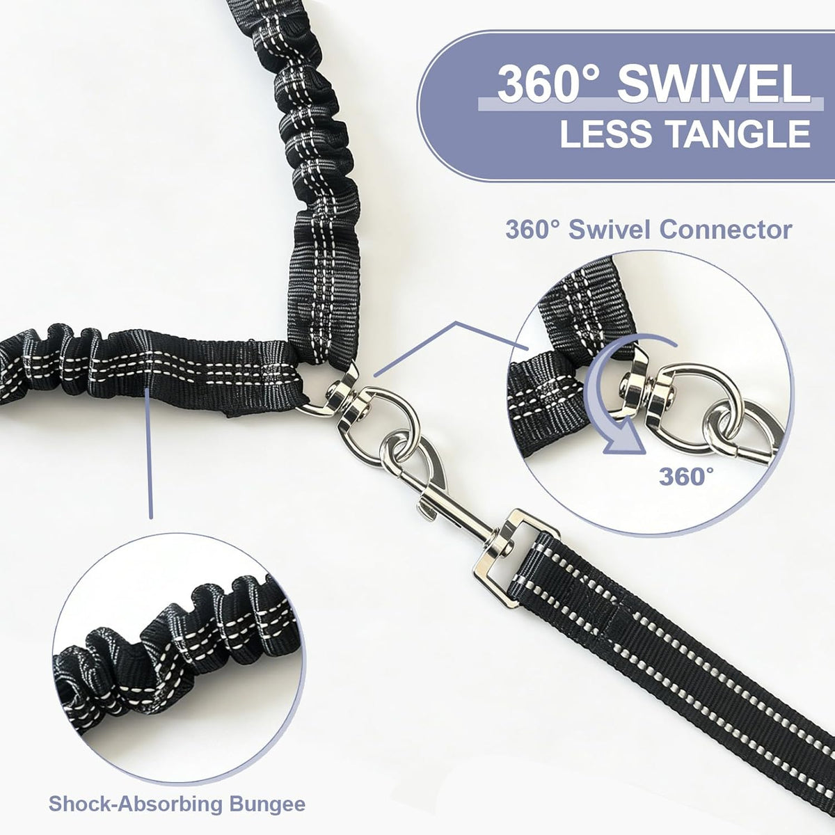 PUEENOD two pet coupler highlighting the adjustable splitter leads and premium elastic shock-absorbing bungees.