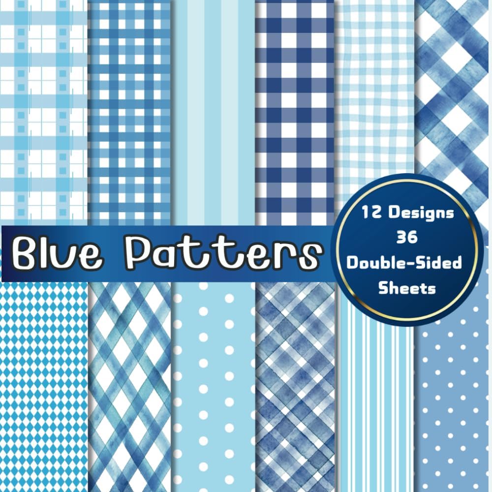 Malvina Lavina Blue Patterns Scrapbook Paper Craft Pad front view showing classic navy and baby blue checkered designs.