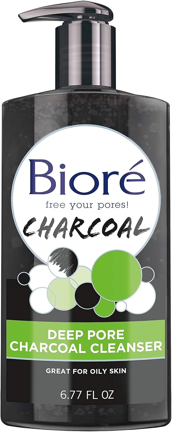 Biore Deep Pore Charcoal Cleanser bottle with charcoal texture