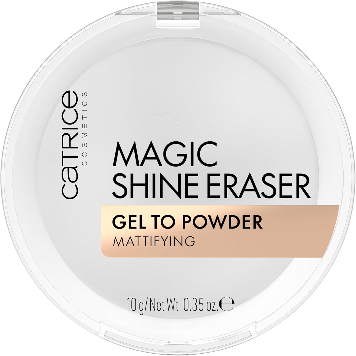 Catrice Magic Shine Eraser Gel To Powder compact front view showing transparent mattifying formula.