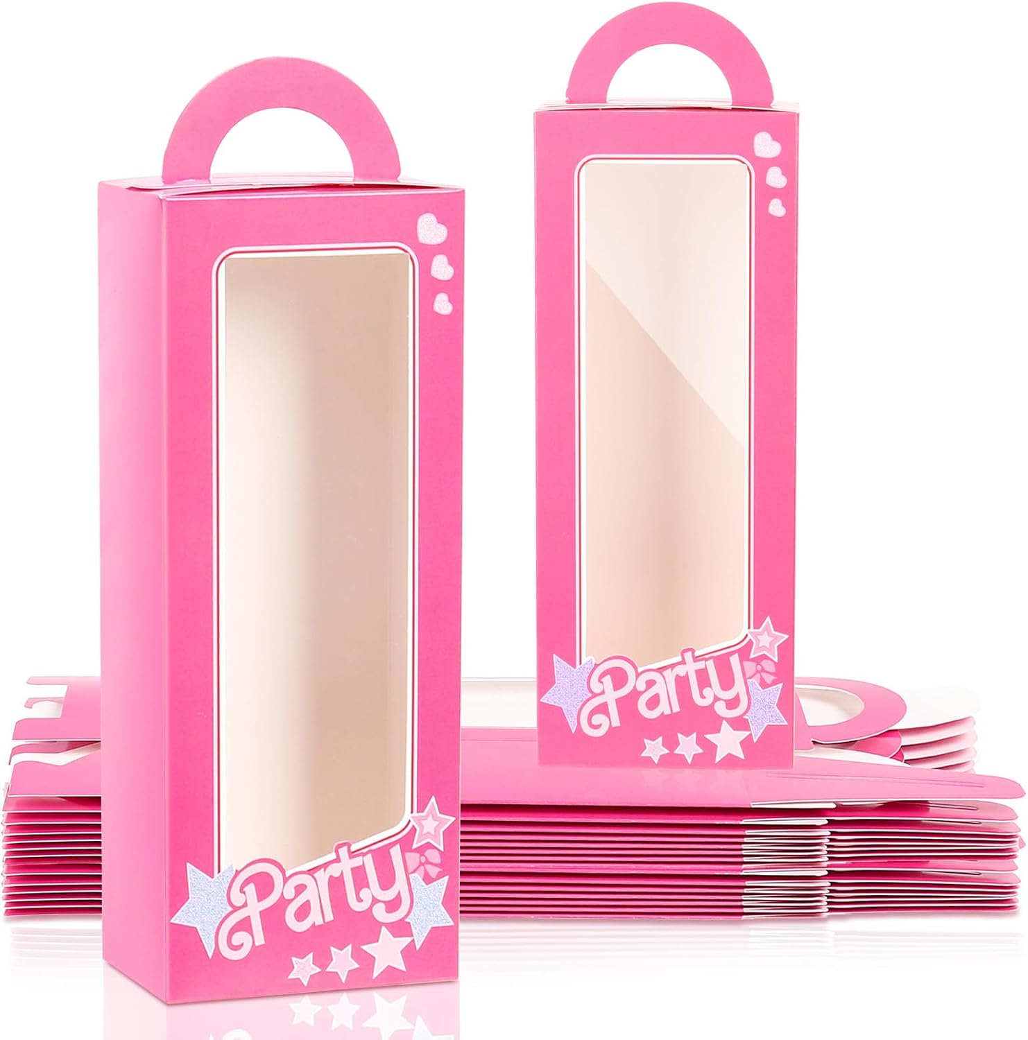 LSKZJR pink doll party favor boxes front view showing clear window with candies inside.