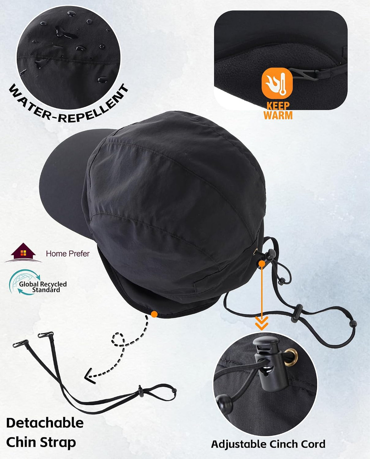 Home Prefer Waterproof Men's Winter Hats with Visor Warm Fleece Lined Baseball Cap Earflaps Trooper Trapper Hat for Men - Image 5