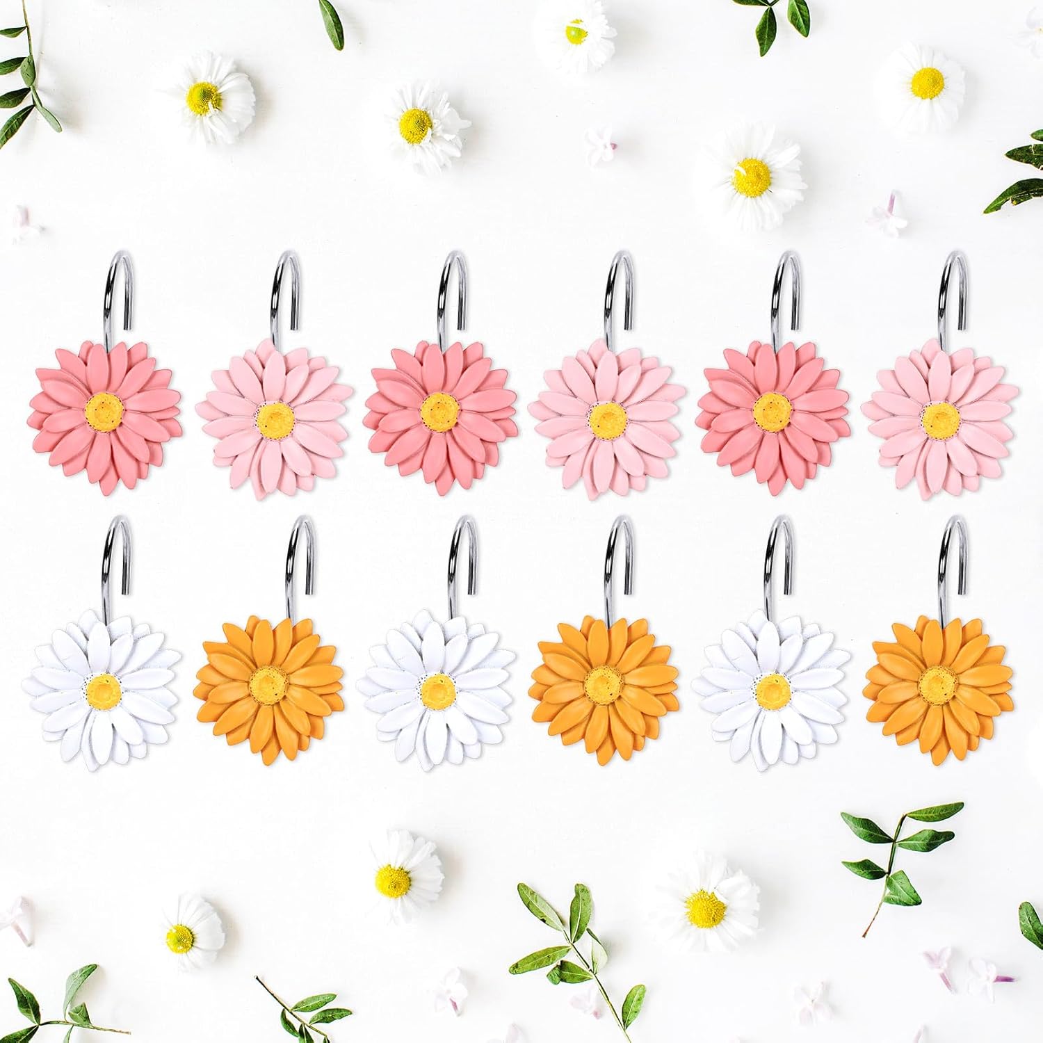 Whaline 12 Pieces Boho Daisy Flower Shower Curtain Hooks set front view