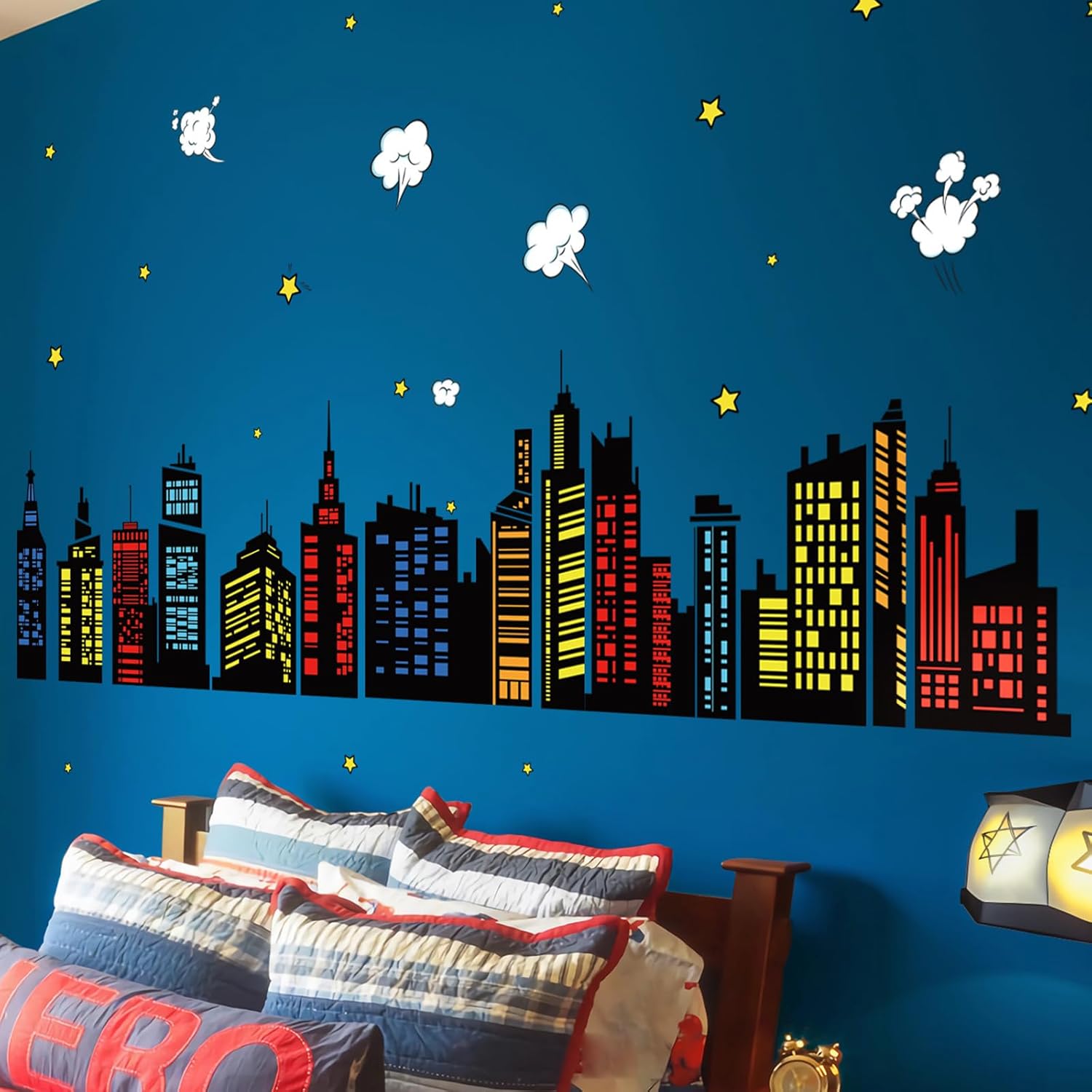 Decalmile colorful city skyline wall decals front view displayed on a nursery playroom wall.