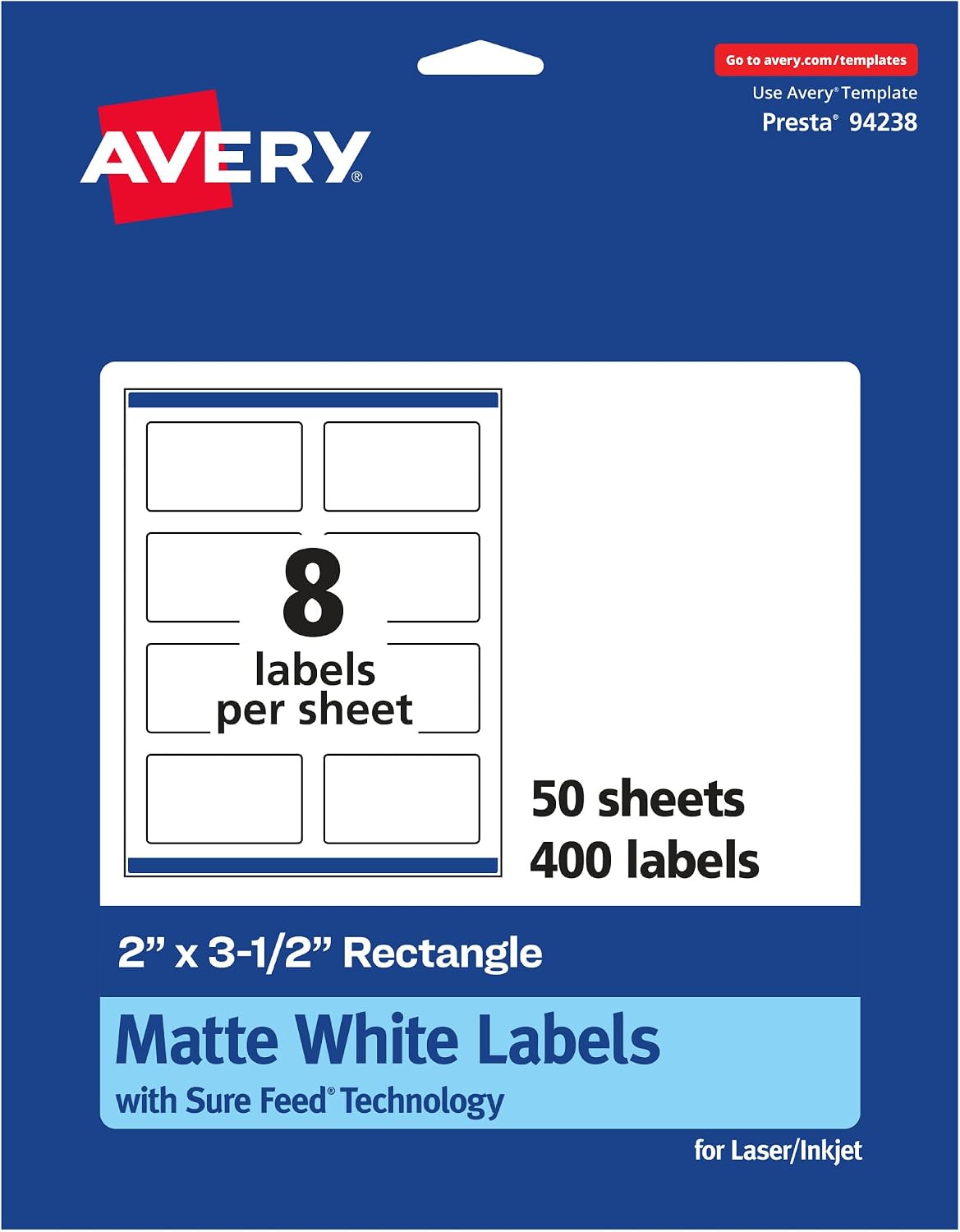 Avery matte white rectangle labels front box view
