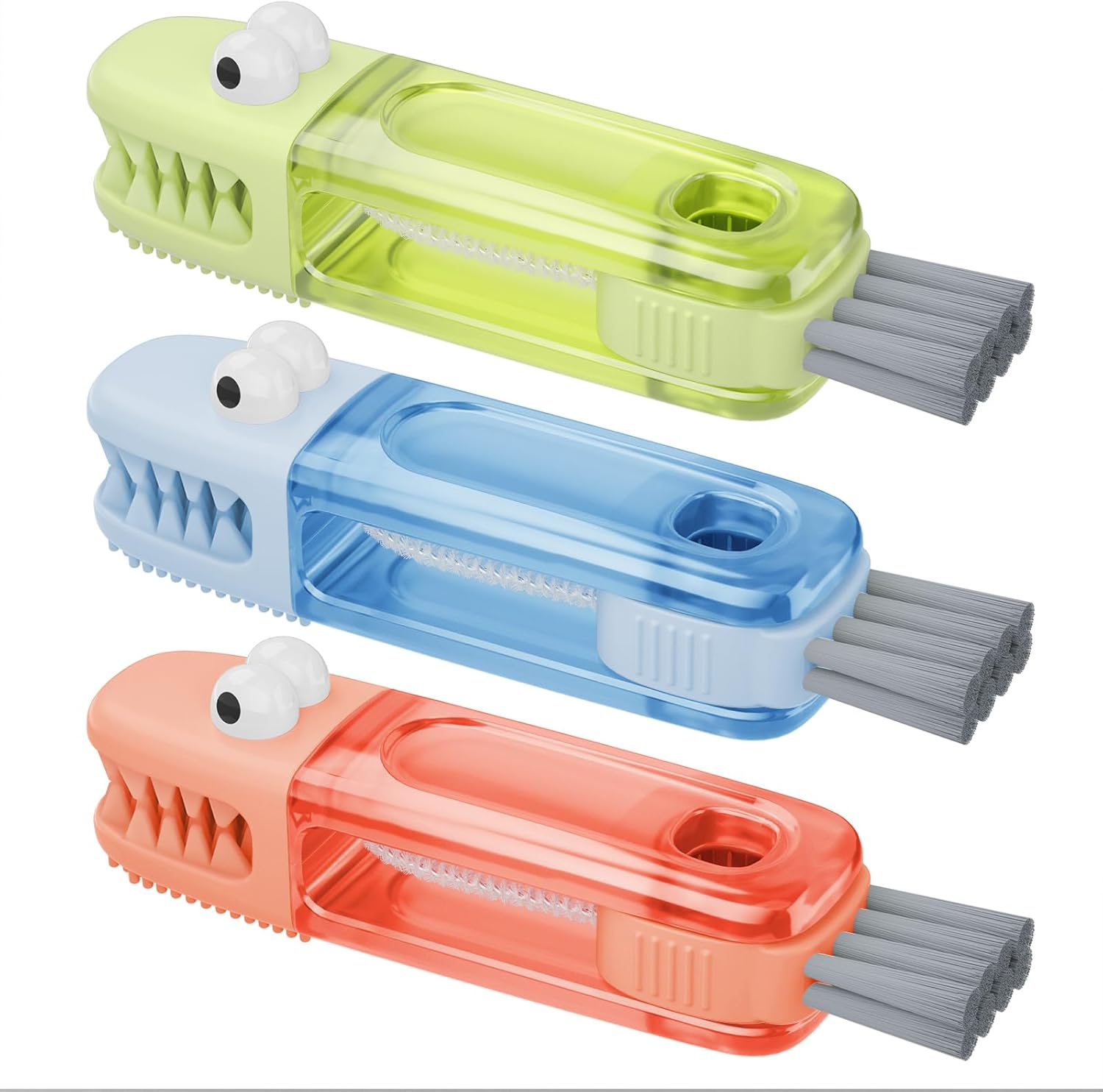 Nodirz 3 in 1 cup lid gap cleaning brush set front view showing multicolored crocodile shaped tools