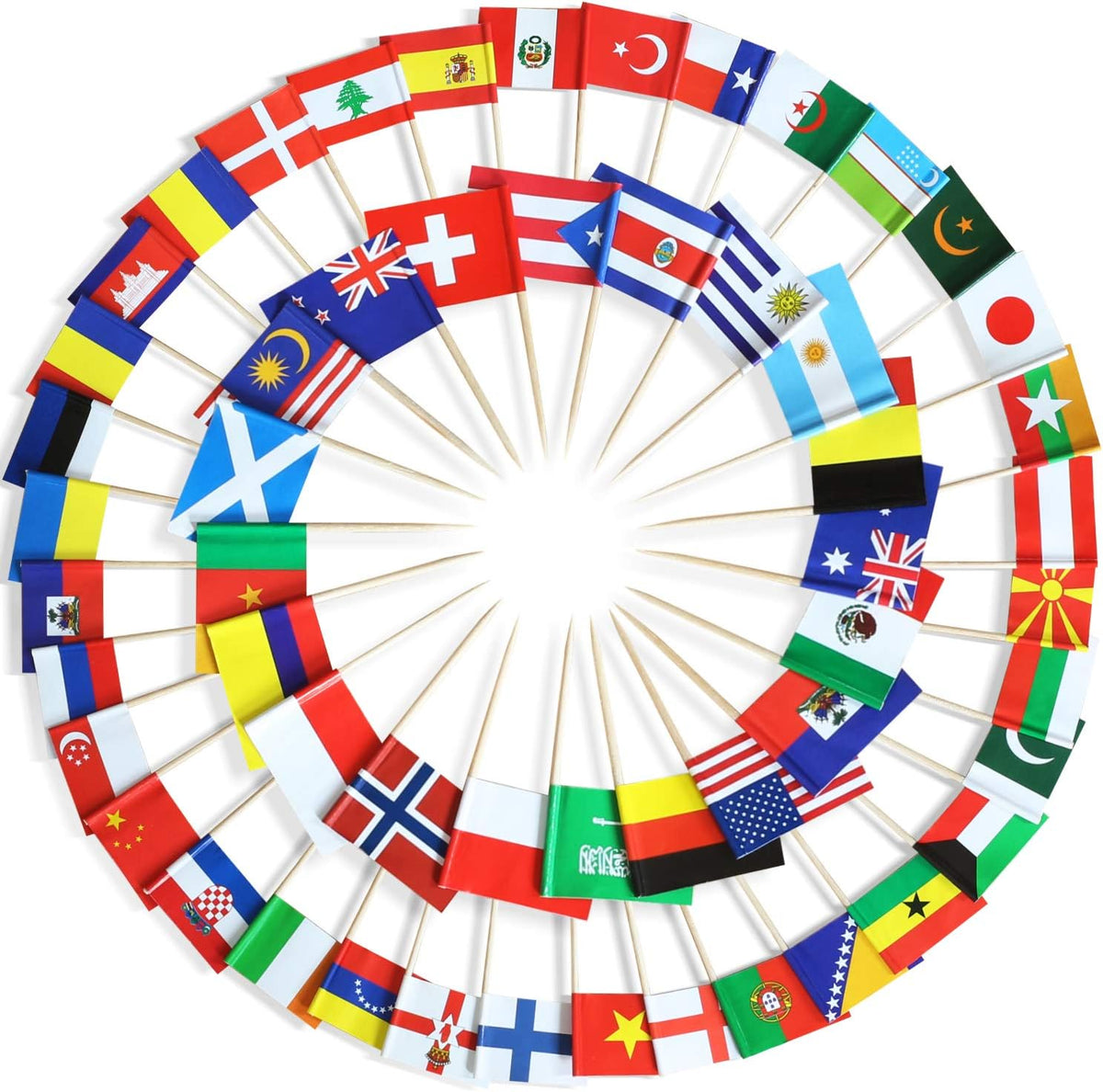 Anley Assorted 100 Countries Toothpick Flag front view showing various national designs.