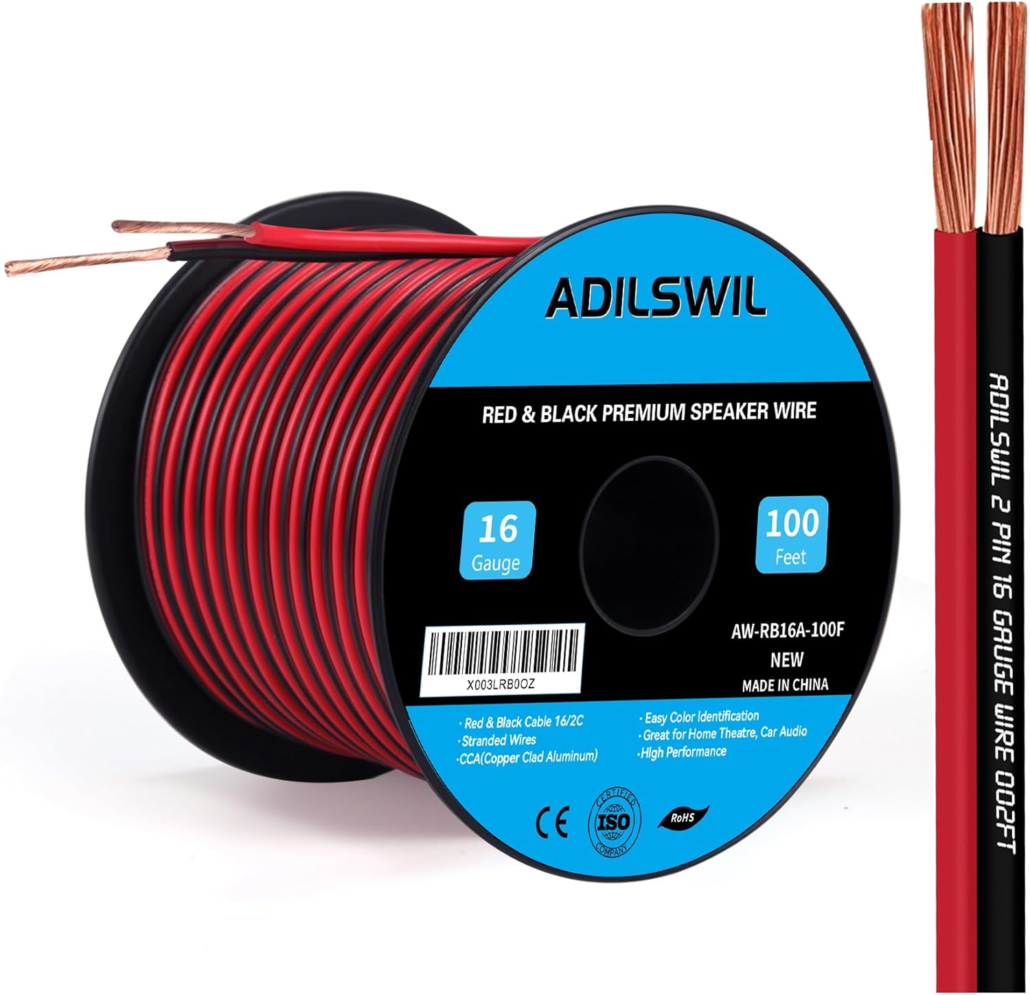 Adilswil 16AWG 100FT speaker wire spool front view