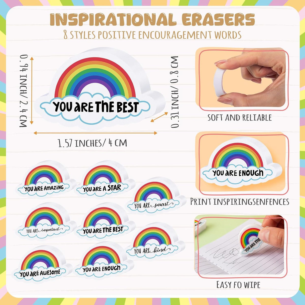 Fullhawl rainbow shaped motivational mini pencil erasers set