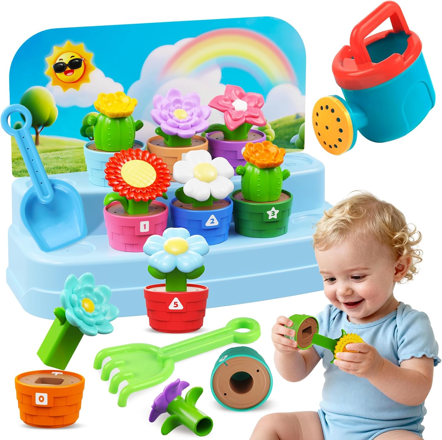 Plunack Montessori flower garden building toy front view showing ten colorful potted flowers and gardening tools.