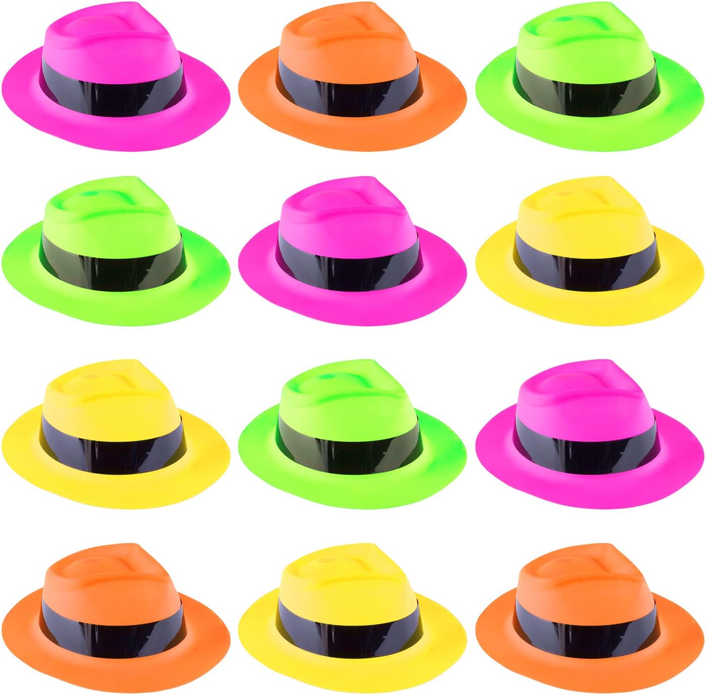 Super Z Outlet Neon Gangster Fedora Hats front view showing vibrant assorted colors pack
