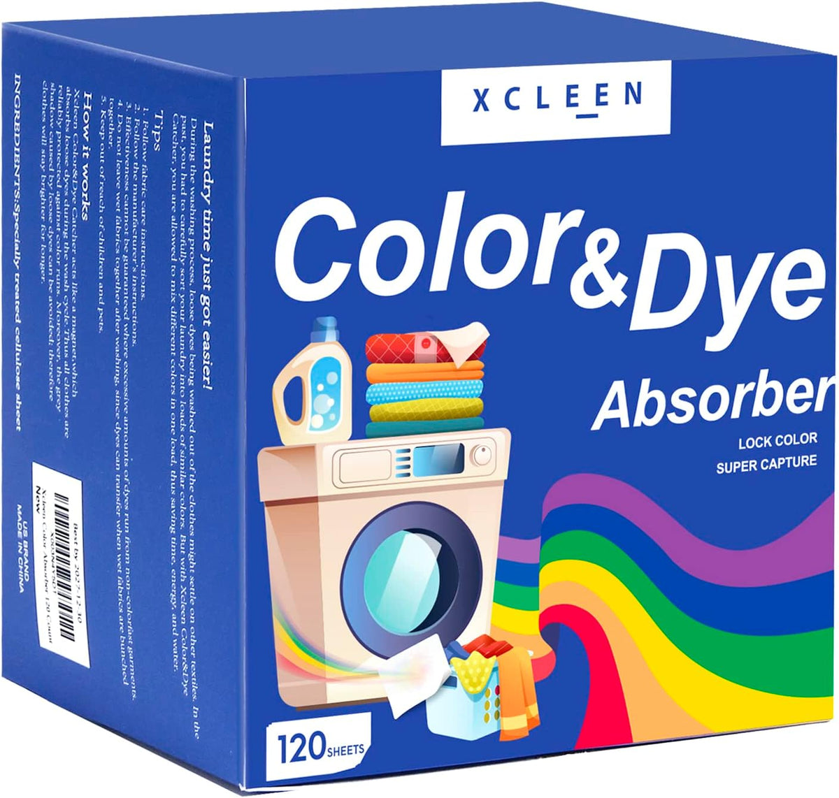 Xcleen Color Absorber Laundry Sheets 120 Count front view dye catcher packaging.