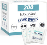 Wowflash lens wipes box front view showing 200 count pre moistened eyeglass cleaner packets