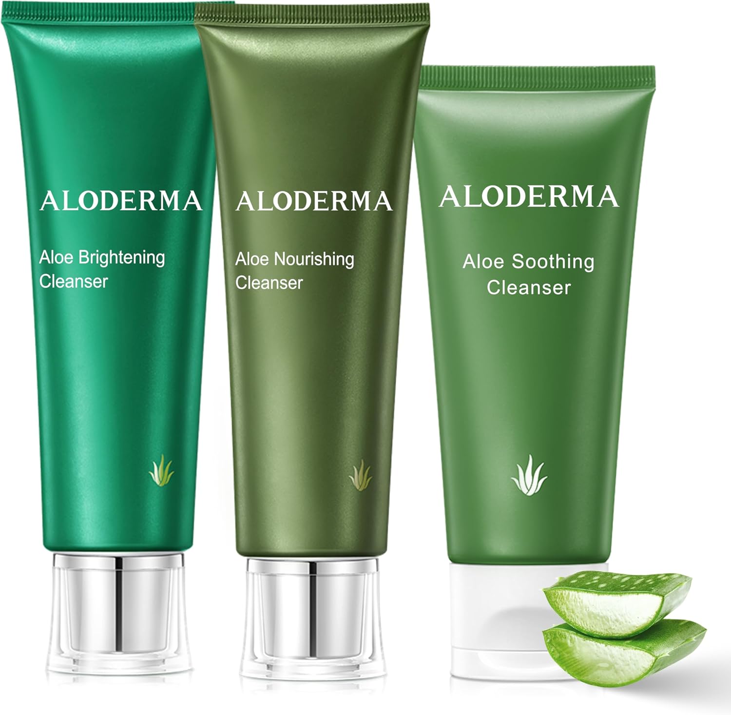 Aloderma Aloe Cleanser Set three pieces front view showing organic aloe vera face wash bottles.