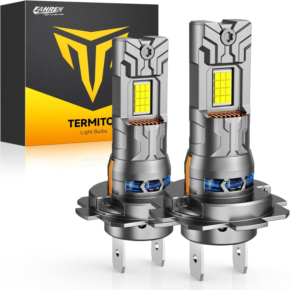 Ursprung H7 LED headlight bulbs front view showcasing the compact one-to-one scale design and advanced cooling fan architecture.