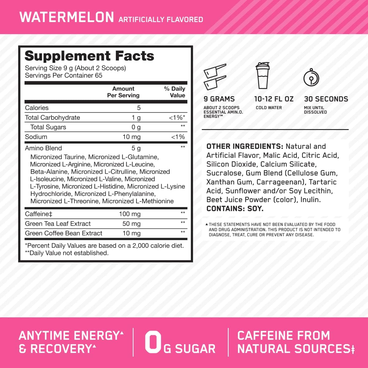 Watermelon flavor amino acids energy powder scoop view showing fine texture