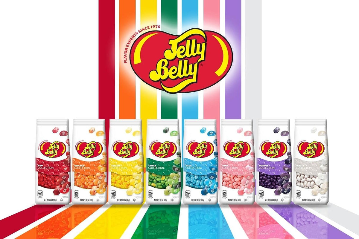 Jelly Belly pink collection gourmet jelly beans poured in a glass bowl