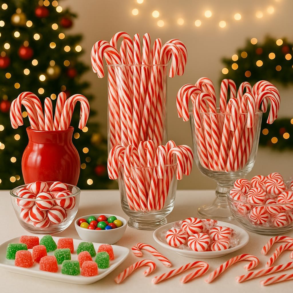 Traditional peppermint candy cane ornaments hanging elegantly from festive green branches.
