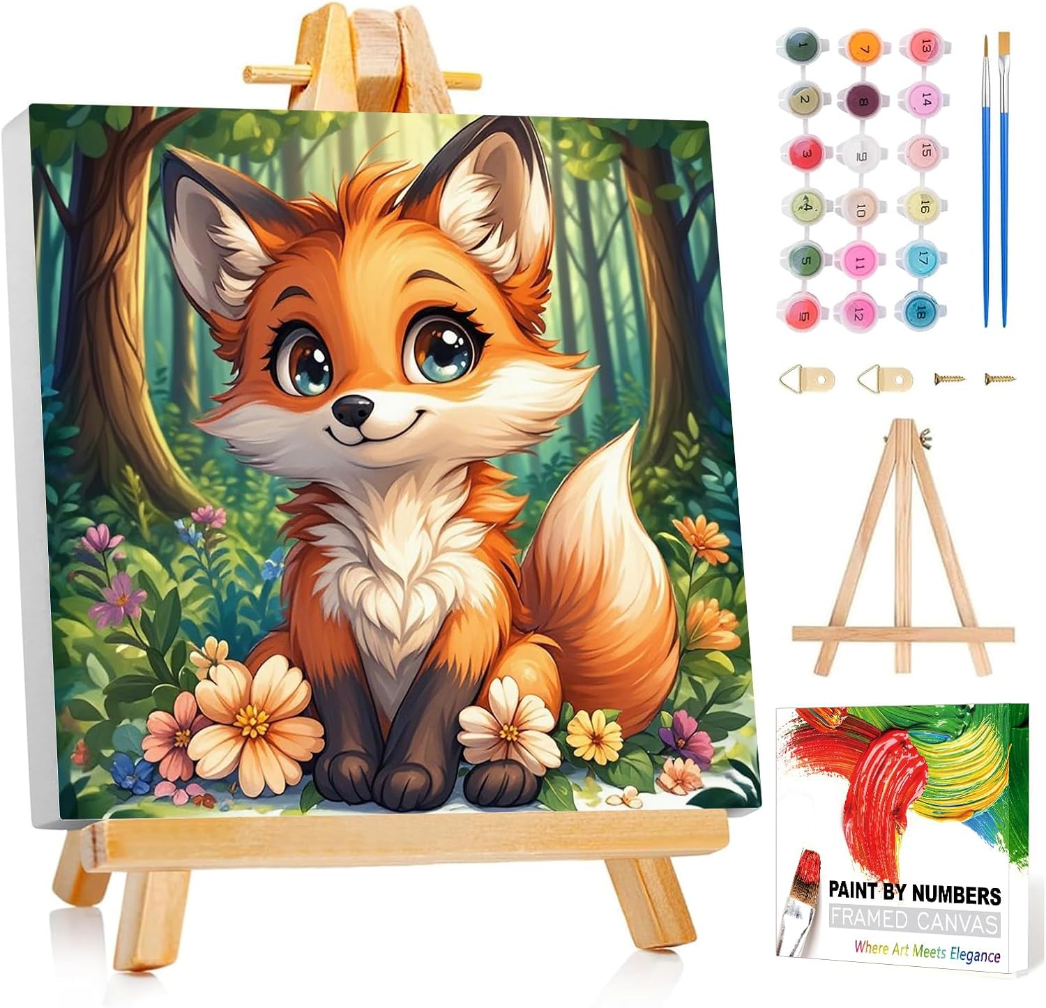 Reivworl Fox Paint by Numbers Kit front view showcasing packaged cartoon animal canvas with easel