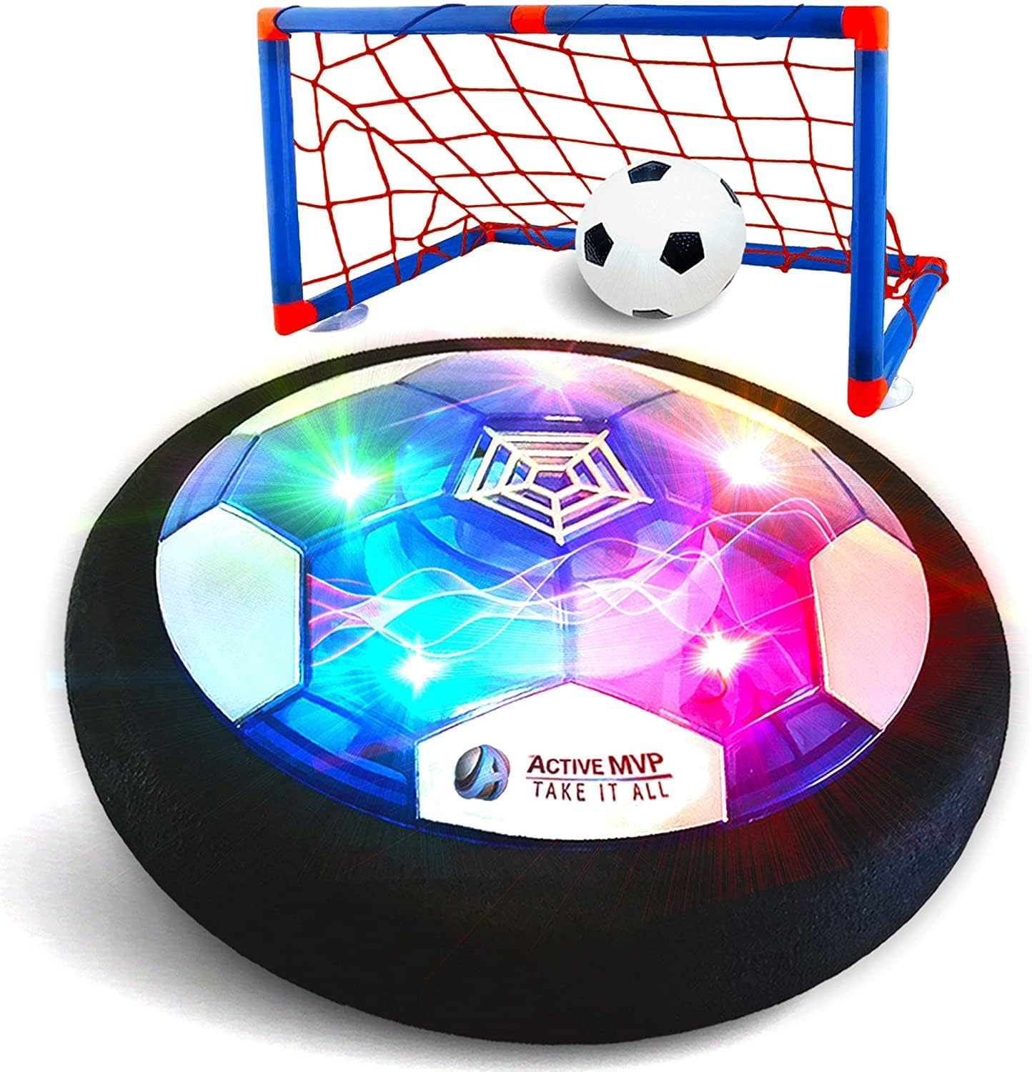ActiveMVP Rechargeable Hover Soccer Ball Set front view showing illuminated glowing floating disc and two net goals