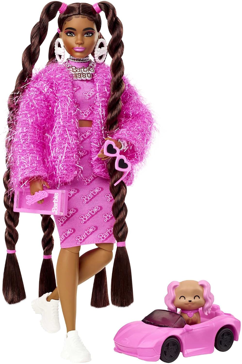 Barbie Extra doll front view showing long brunette hair and pink outfit