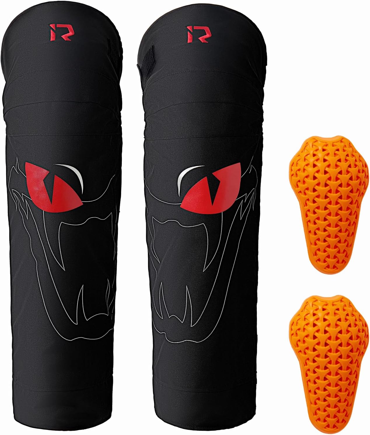 IRON JIA'S motorcycle knee pads winter leg warmers front view showcasing the black fabric and stylized red snake graphic design.