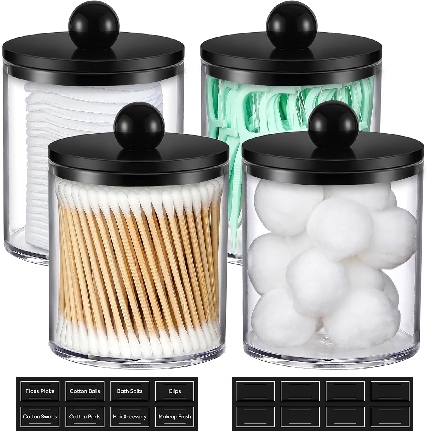 Aozita 4 pack acrylic qtip holder dispenser with black lids on a vanity