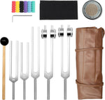 Funnydin tuning forks for healing set front view showcasing five metallic frequencies on a display table.