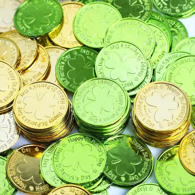 YSJUENAII St Patricks Day Gold and Green Coins front view showing detailed shamrock embossing