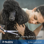 GLADOG dual-sided metal pet grooming comb removing tangles and loose fur from a dog coat