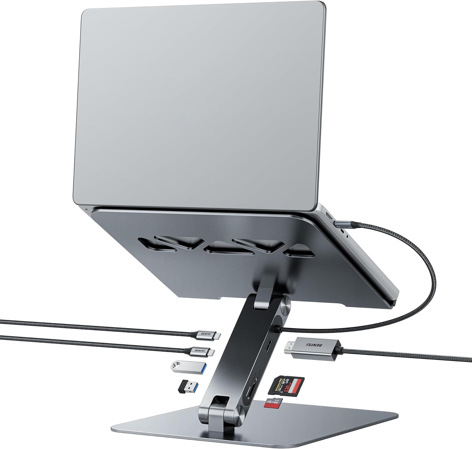Benfei laptop stand with 7 in 1 USB C docking station front view on an office desk.