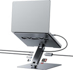 Benfei laptop stand with 7 in 1 USB C docking station front view on an office desk.
